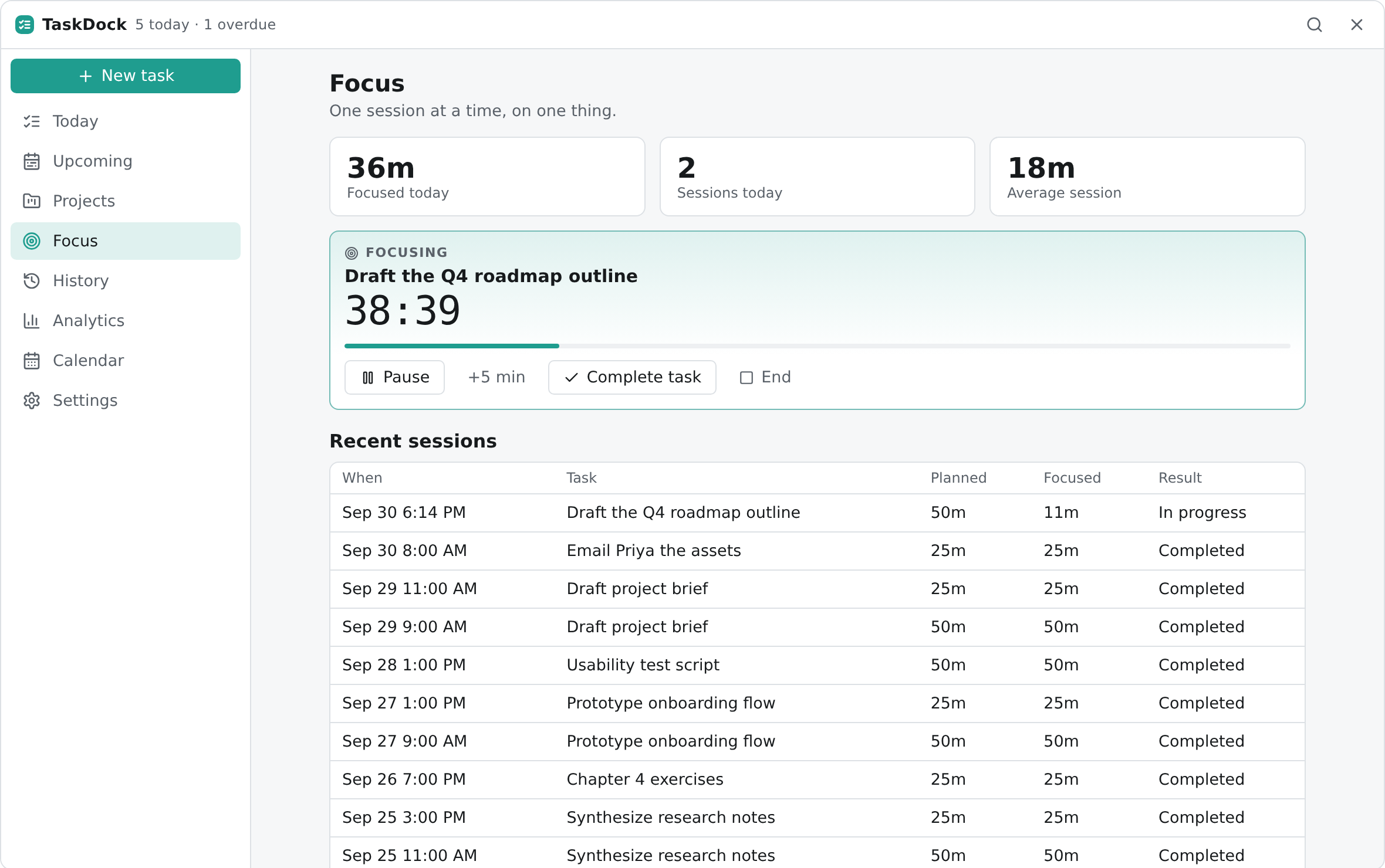The Focus page with today's focus totals, the running session and a table of recent sessions